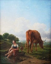 Belgian Painting Panel Verboeckhoven Cow Shepherd Animal 19th