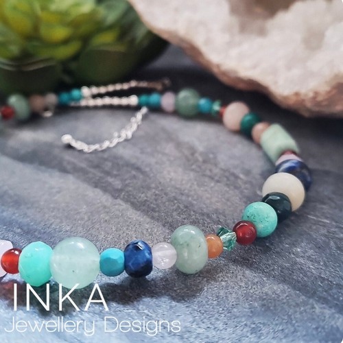 Gemstone Aqua Bead Handcrafted 925 Sterling Silver Choker Necklace by INKA - Picture 2 of 6