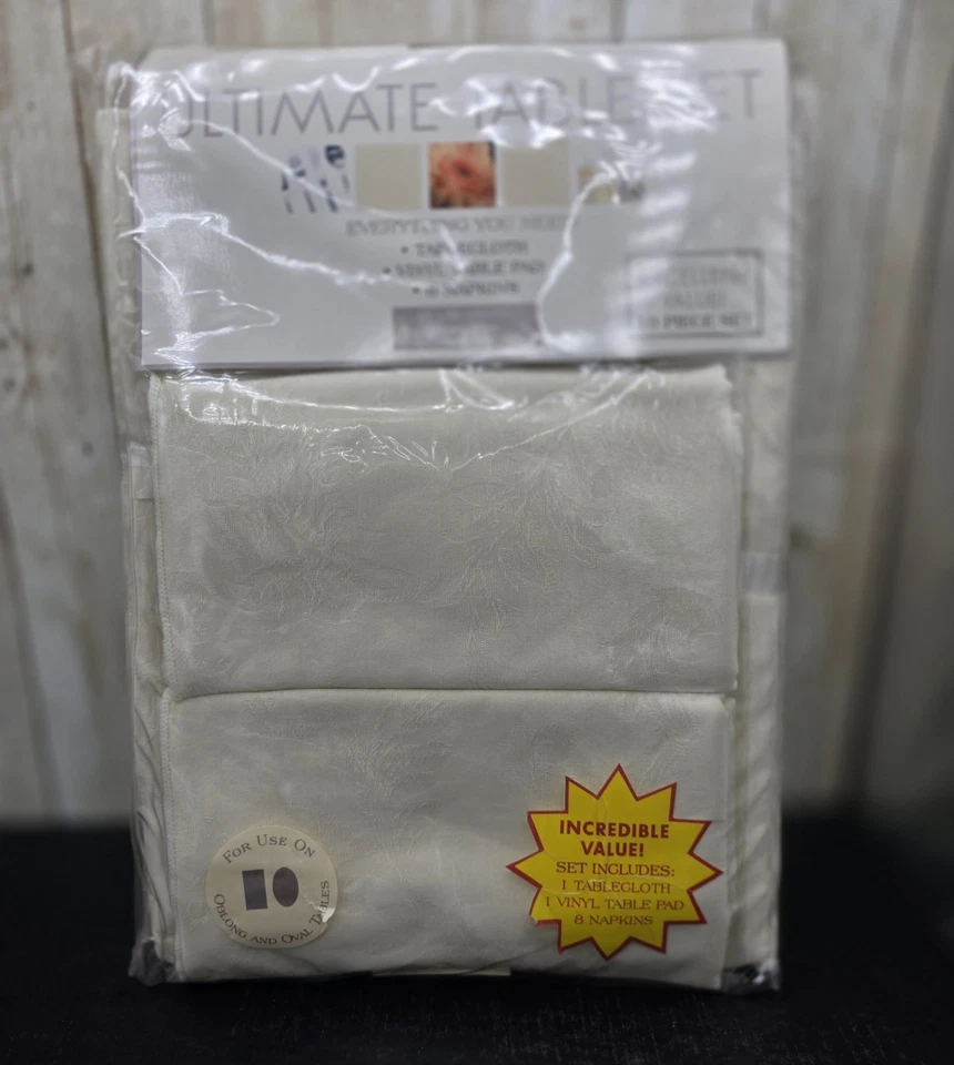 Ivory Damask Tablecloth Vinyl Table Pad & 8 Matching Napkins Oblong 60" X 84" - Image 2 of 4