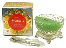 Vintage Avon Fostoria Salt Cellar w NOS Bayberry Candle & Sealed Spoon Orig Box