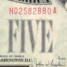 1928E Red Seal United States Note Five Dollar Bill FR1530 H02582880A