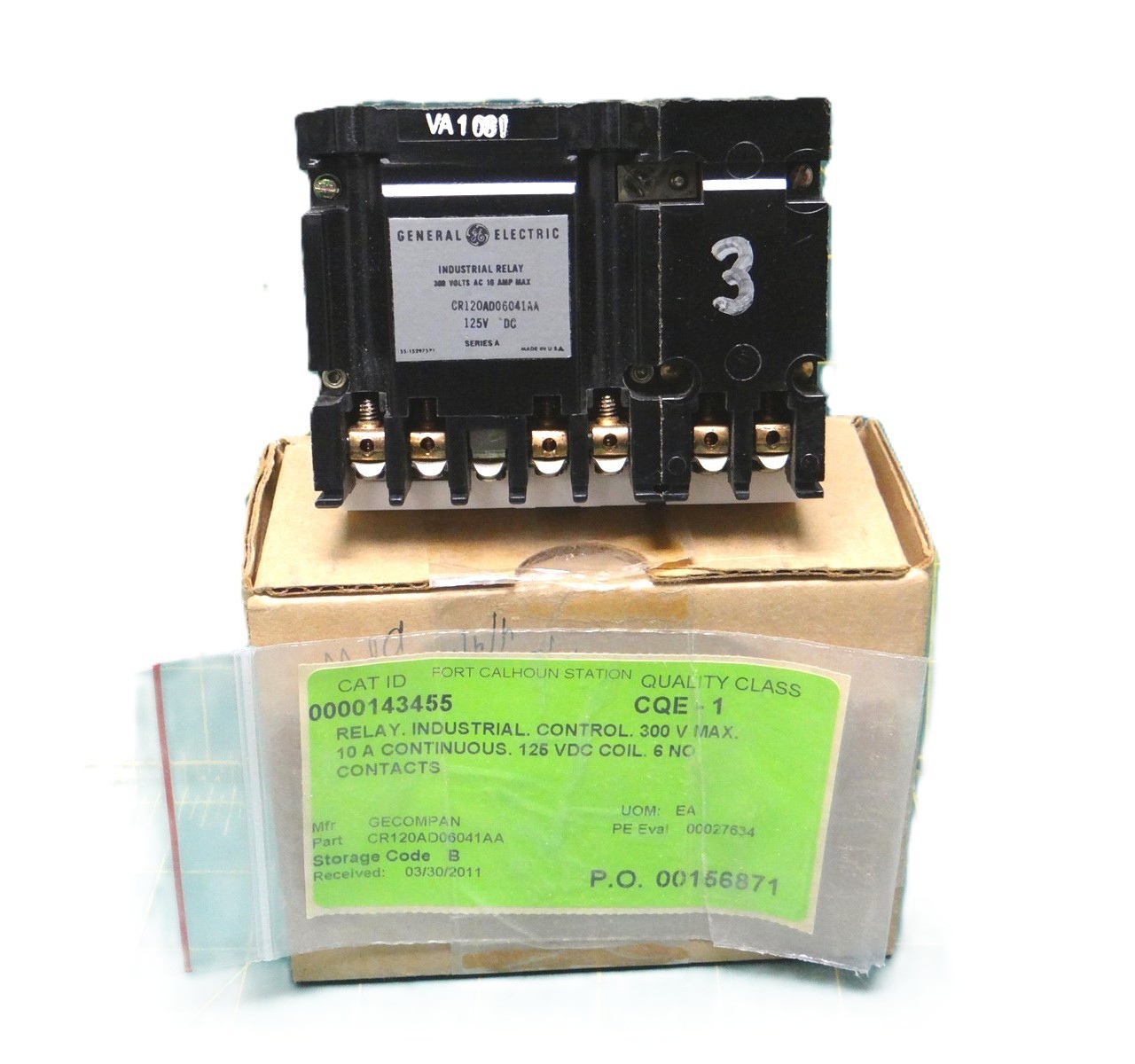 GE Control Relay CR120AD06041AA, 300V Max, 10A Cont, 125VDC Coil, 6 NO Contacts