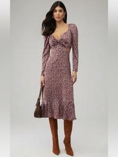 ASTR The Label Lainie Dress Floral Cutout Midi Sz S Puff Sleeve Lavender Brown