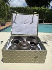 Vintage Yixing Zisha Purple Clay 10 Piece Signed Tea Set and Silk Lined Gift Box