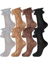 Geyoga 4 Pairs Lace Ruffle Frilly 5-9, Black, Gray, Dark Brown, Light Brown