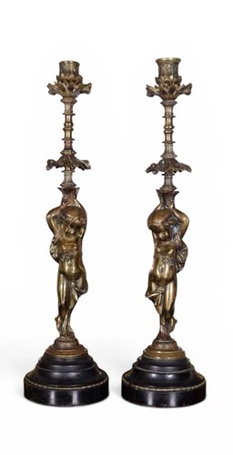 Pair Antique French 19th C Louis XVI Bronze Cherub Candlesticks Candelabra