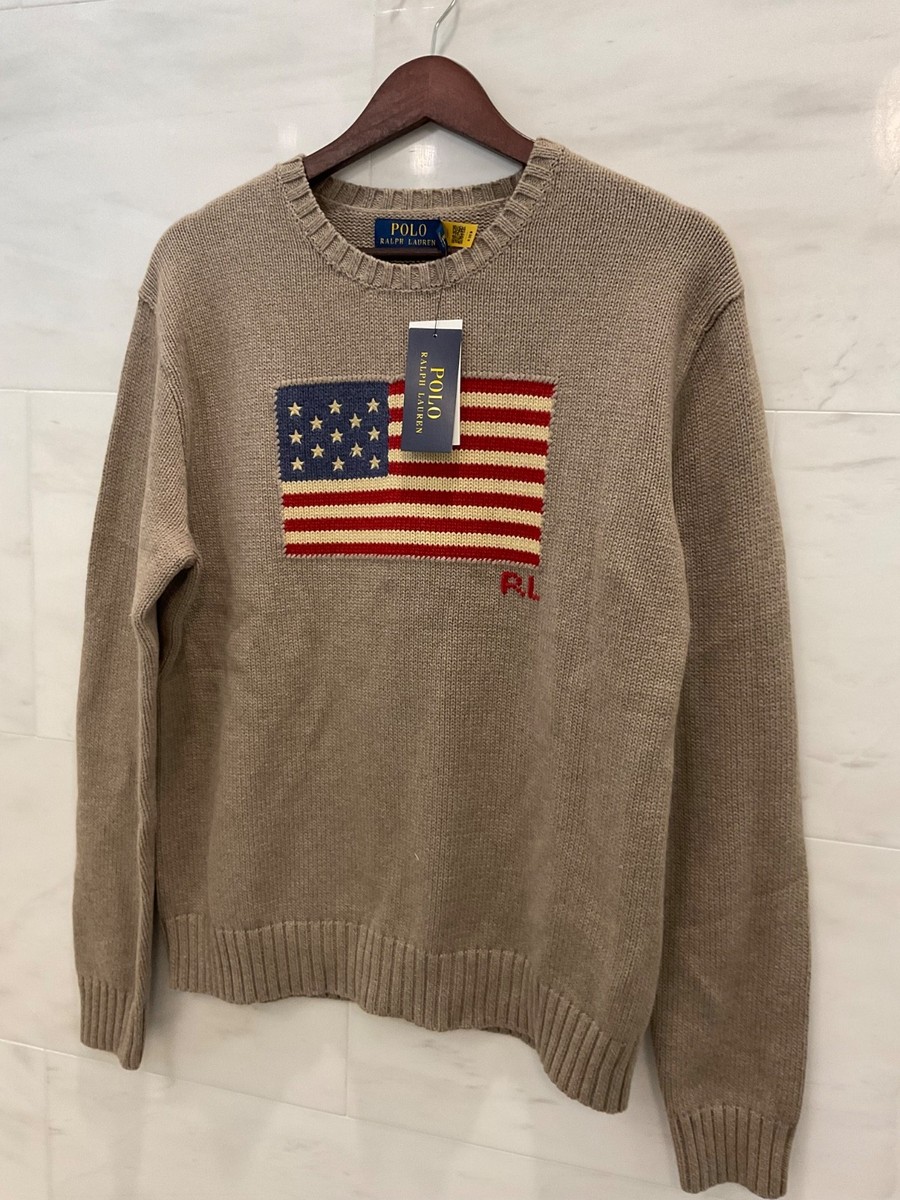 NWT Polo Ralph Lauren KHAKI TAN AMERICAN FLAG Knit CrewNeck