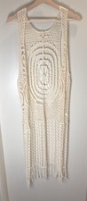 Womens Boho Cream Crochet Vest XS/S Long Fringe Indi Festival Layering 70s Retro