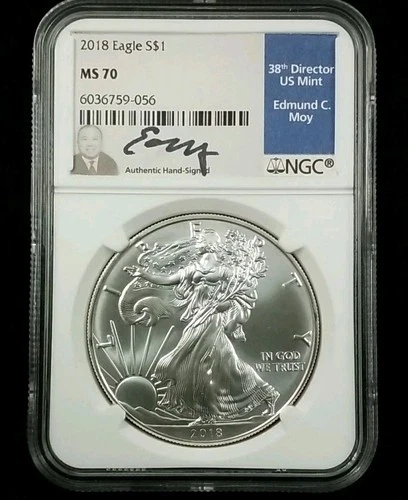 2018  S$1 Silver Eagle .999 FINE NGC MS 70  Edmund C Moy SIGNATURE #7328