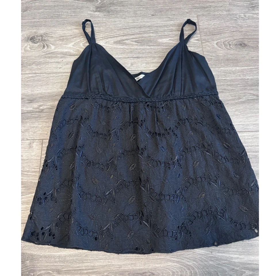 Camiseta sin mangas Cami con detalle de encaje negra azul marino antigua para mujer talla L Boho Cottagecore Festival Foto 2 de 4