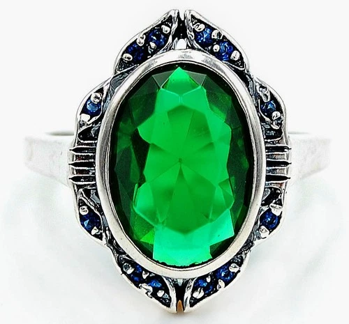 8CT Treated Emerald 925 Solid Sterling Silver Nouveau Look Ring Sz 8 F6-4