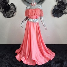 NWT~$495~2CUTE~6/8~CORAL 2 PIECE CROP TOP RHINESTONE BEADED MAXI PROM DRESS