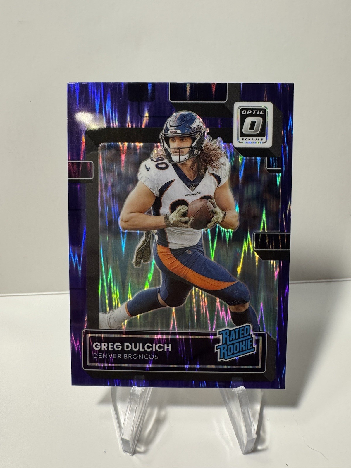 Greg Dulcich 2022 Donruss Optic Rated Rookie PURPLE SHOCK RC #288 Broncos