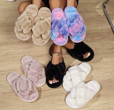 Women s Fluffy Faux Fur Open Toe Slide Slippers Flat Comfort Fur Trim