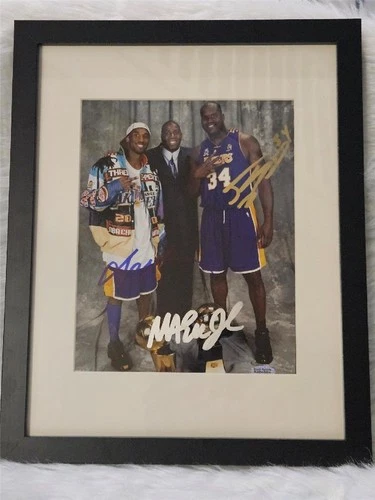 KOBE BRYANT MAGIC JOHNSON SHAQ ONEAL 3X SIGNED AUTOGRAPHED FRAMED 8X10 PHOTO COA