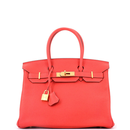 Hermes Birkin Handbag Rouge Pivoine Clemence with Gold Hardware 30