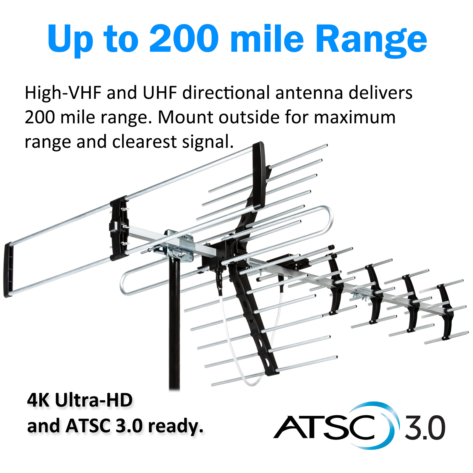 HDTV Yagi Antenna 4K ATSC 3.0 Weather Proof UHF VHF FM High Gain 1080p w/ Pole