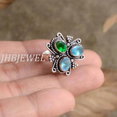 London Blautopas & Diopsid Edelstein 925 Sterling Silber Ring Neu Kunstschmuck