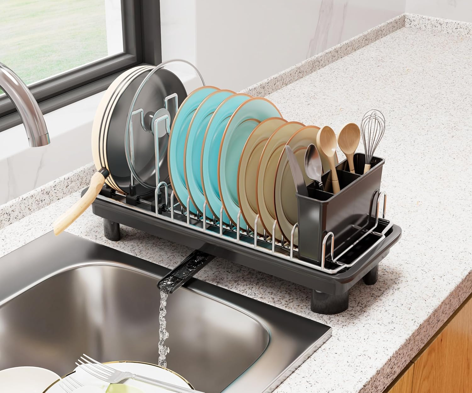 Space-Saving Compact Dish Drying Rack with Drainer for Kitchen Countertops