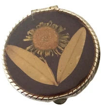 Vintage Silver Tone Pressed Dried Flower Leaves Trinket/Pill Box  1.5 inches 