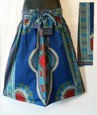 Ankara African Women Midi Skirt Dashiki Print 2 Pocket  Belt Free Size Blue