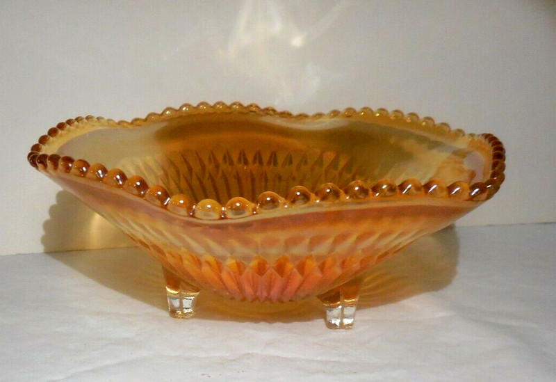 Jeannette Glass Marigold Carnival Footed Candy Dish 3 Toed Anniversary Iridescen