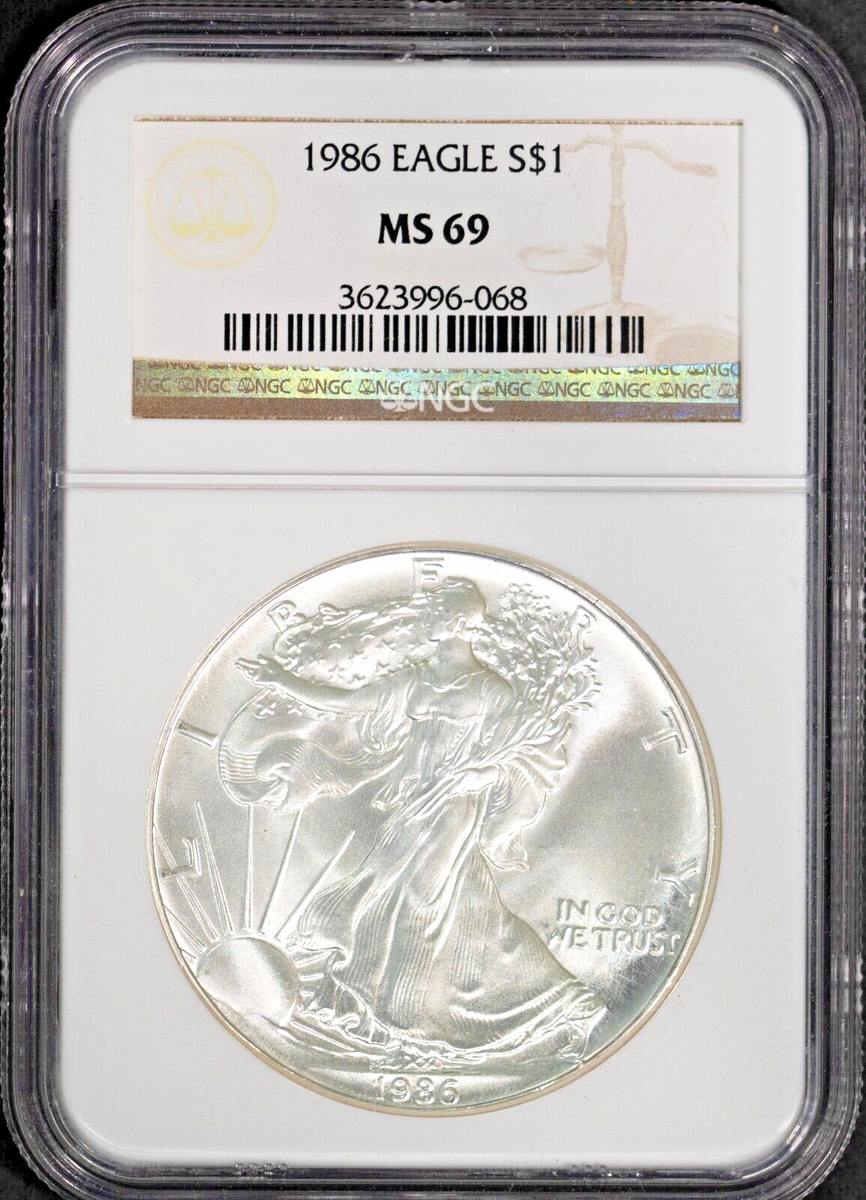 1986 $1 Silver American Eagle MS 69 NGC # 3623996-068 +