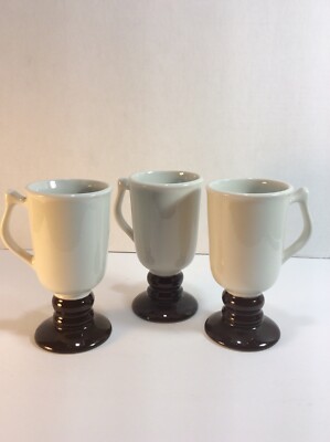 3~Vintage Hall Pottery #1272 Pedestal Ivory-Brown Irish Coffee Mug USA ~8oz