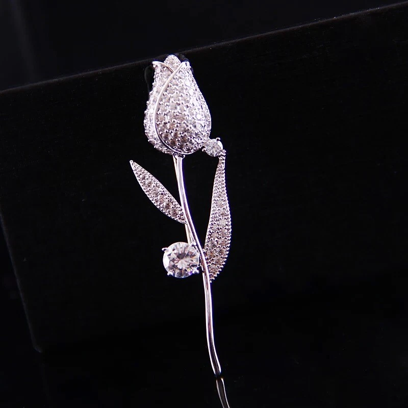 ZARD Rose Flower Pin Brooch with Clear Cubic Zirconia Crystal Accents - Image 2 of 2