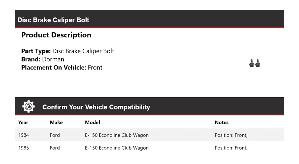 Perno de pinza de freno de disco Dorman para Ford E-150 Econoline Club Wagon 1984-1985 Foto 2 de 4
