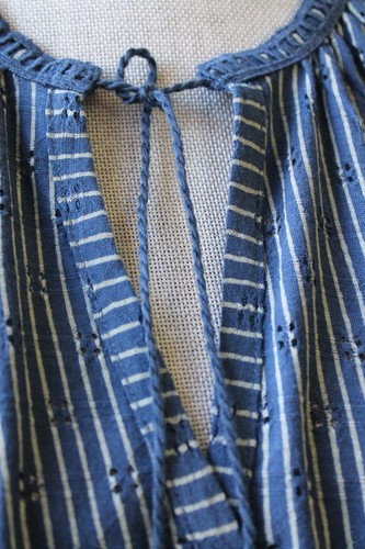 NEW LUCKY BRAND WOM M CUT OUT LACE STRIPE PEASANT BLOUSE TOP NAVY LONG SL - Picture 4 of 12
