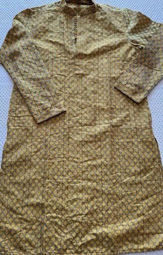 Vintage Mens XL Gold Jacquard Kurta Tunic Nehru Collar Wedding Festival India