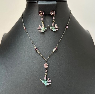 Sweet Romance USA Hummingbird Rose Necklace & Earrings Set Whimsical Art Deco