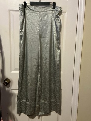 NWT Primark Ladies Green/Silver Chain Patterned Wide Leg Satin Trousers 