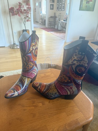 Nomad Rubber Rain Gardening Boots Cowgirl Pointed Toe Size 9 Abstract Art
