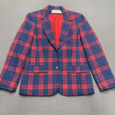 Vintage Pendleton Blazer Womens Medium Red Green Plaid Wool Jacket Made USA 80s