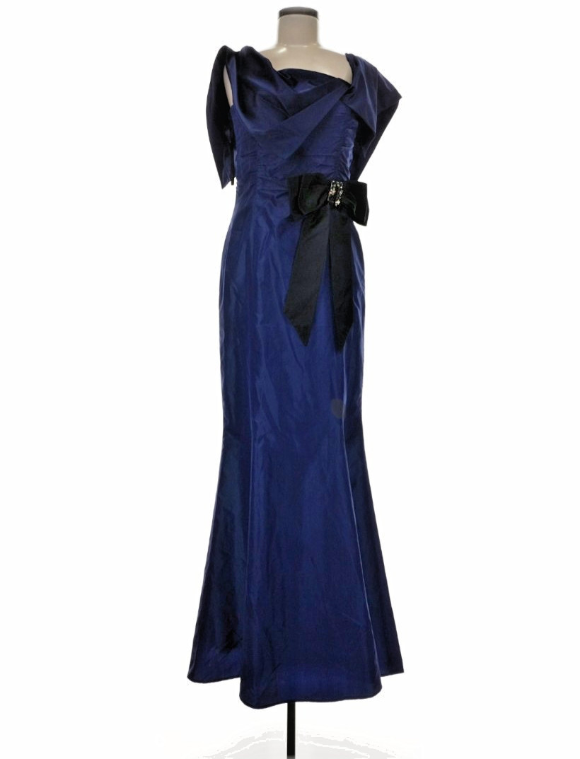 Vintage 90S Designer Craig Signer Navy Blue Silk Evening Gown Train Bow Size 6