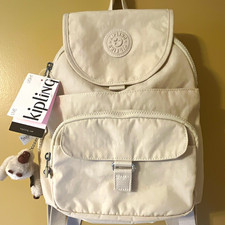 Kipling Queenie Hideaway Beige Nylon Backpack Monkey Charm Zip Magnetic Pockets