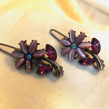 Vintage Purple Rhinestone Flower Barrettes Gunmetal Finish Hair Clips Set
