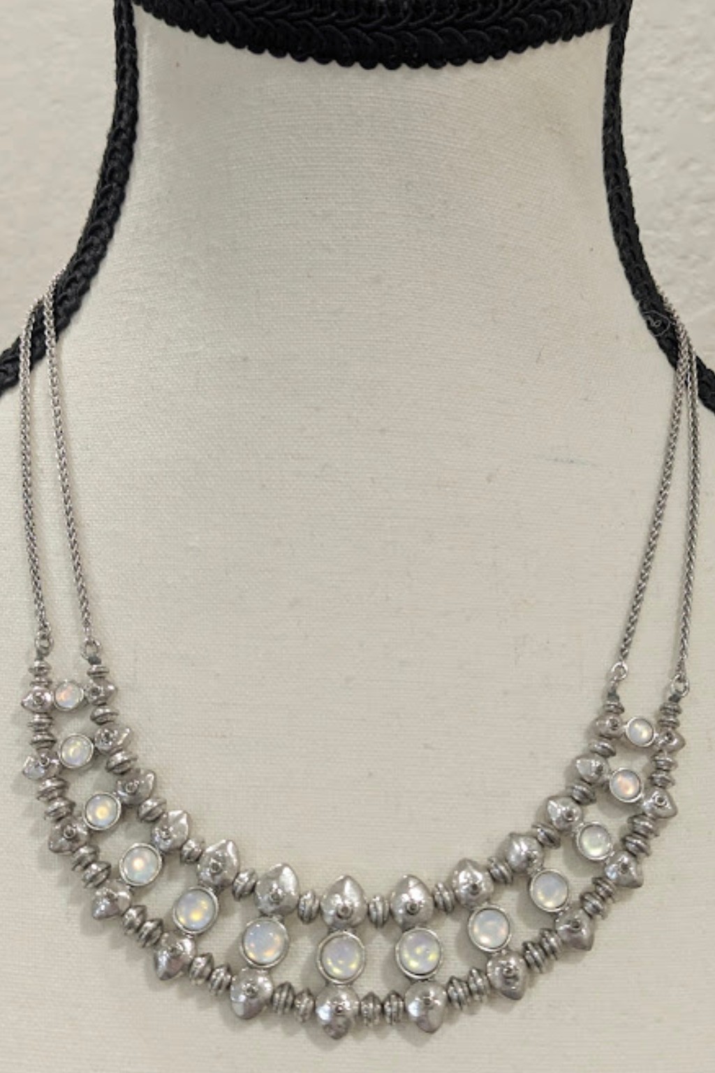Lucky Brand Layered Silver Tone Moonstone Look Statement Necklace Boho Chic