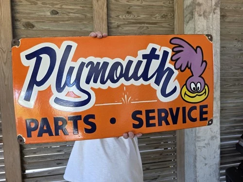 HUGE VINTAGE PLYMOUTH PARTS AND SERVICE ROADRUNNER PORCELAIN SIGN 30" X 15"