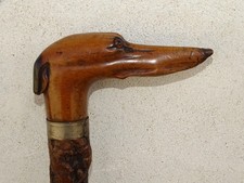 -BELLE ANCIENNE CANNE FÛT LIEGE POIGNEE TETE CHIEN LEVRIER YEUX SULFURE   D