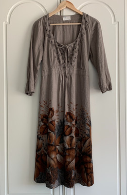 Rutzou Clay Printed Round Tie Neck 55% Silk & Cotton Tie Dress Size 42 UK 14