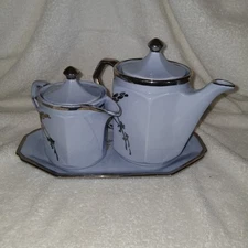 Antique Fraunfelter Perrywinkle Tea Pot / Creamer / Tray