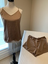 Stars Above pajamas set brown tan thin satin weave thin cool medium m
