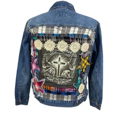 Christian Denim Jacket Womens 1X Religious Church Pastor Patchwork Art Upcycled