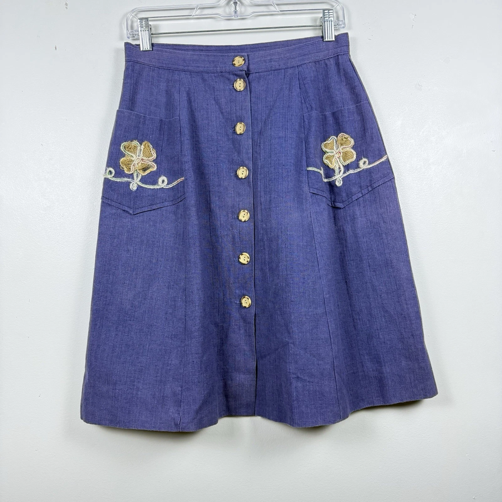 VTG 70s ILGWU Button Front Skirt Womens M Blue Floral Applique A Line Folk Boho