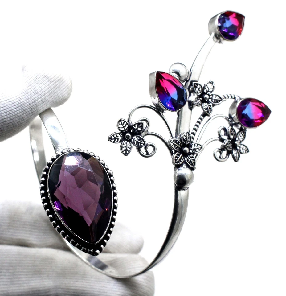 Purple Amethyst Gemstone Handmade 925 Sterling Silver Cuff Bracelet Adjustable - Image 2 of 4
