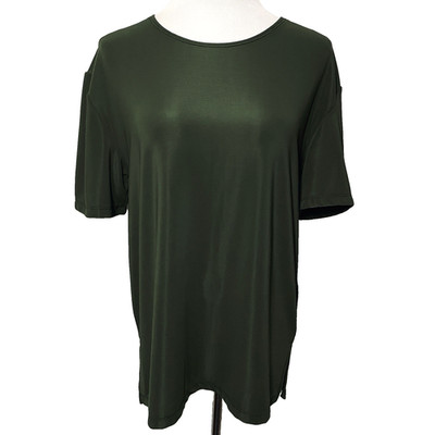 Vtg Top 1X Olive Green Stretchy Flaw Shirt Slinky Knit Short Sleeve Casual    q