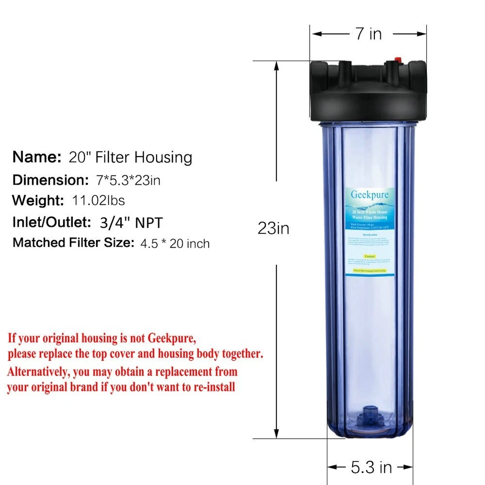 Geekpure Whole House Water Filter Housing 3/4" Port Fit 4.5" x 20" Filters-Clear - Image 2 of 4